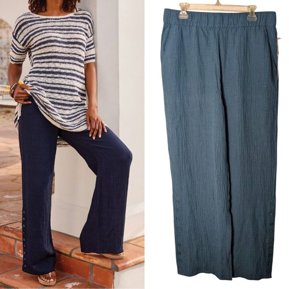 NWT Soft Surroundings Oceo Gauze Wide Leg Pull On Pants Sz L Mallard Blue Lagen